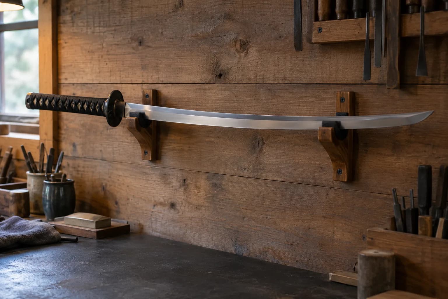 Gently curved satin steel katana with black guard and wrapped grip resting in two padded wooden wall brackets in a shop