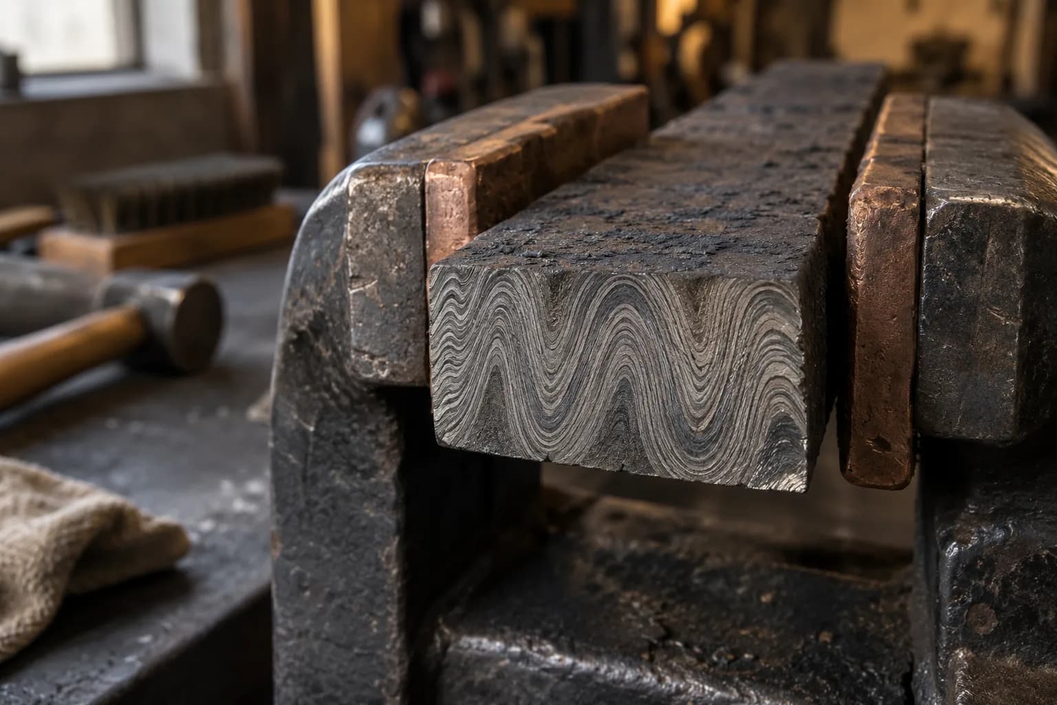 Etched end of a steel billet showing wavy folded layers, held in copper-padded vise jaws beside a mallet and wire brush.