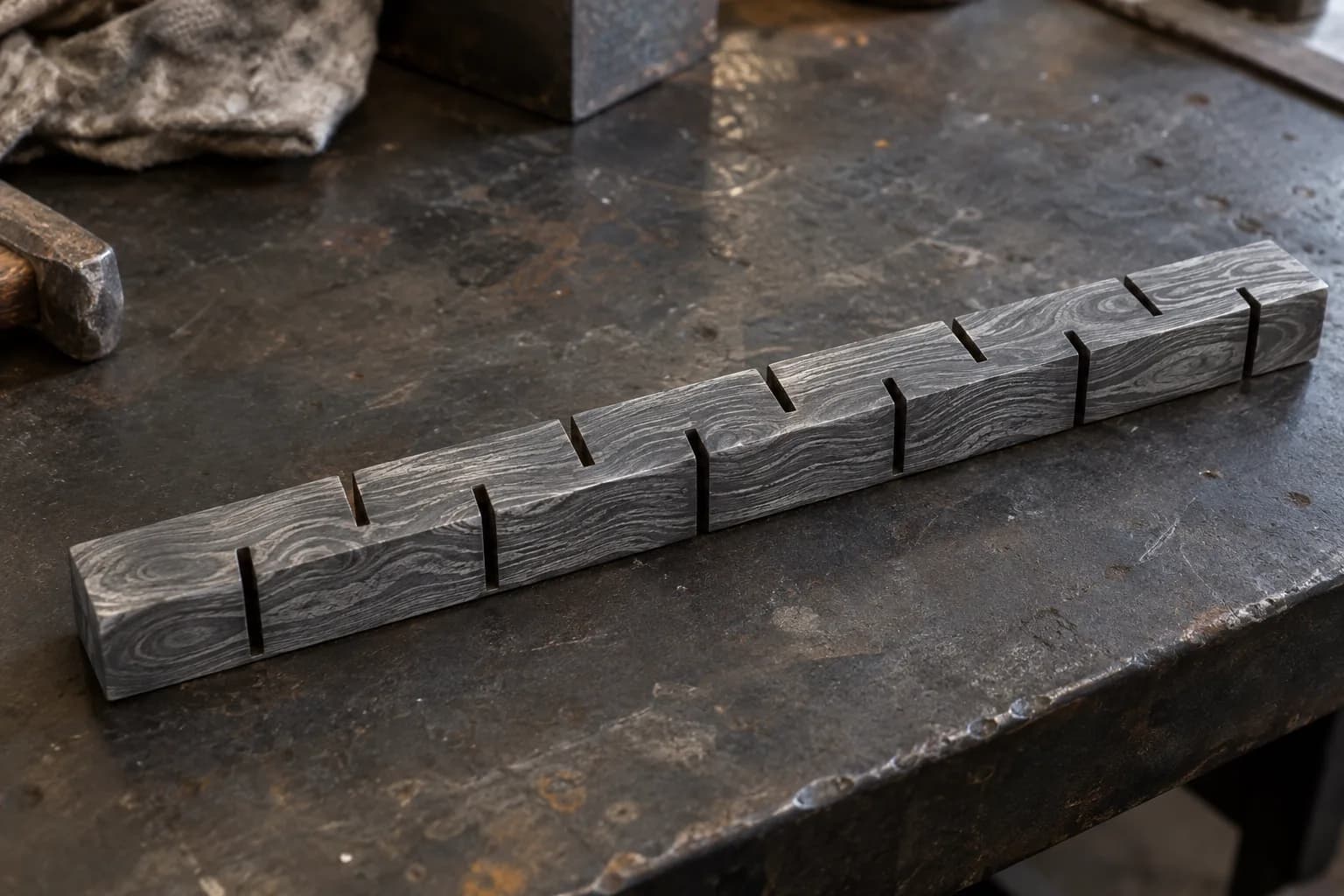 Cold patterned steel bar on a dark bench with deep alternating saw cuts from both sides leaving connecting webs.