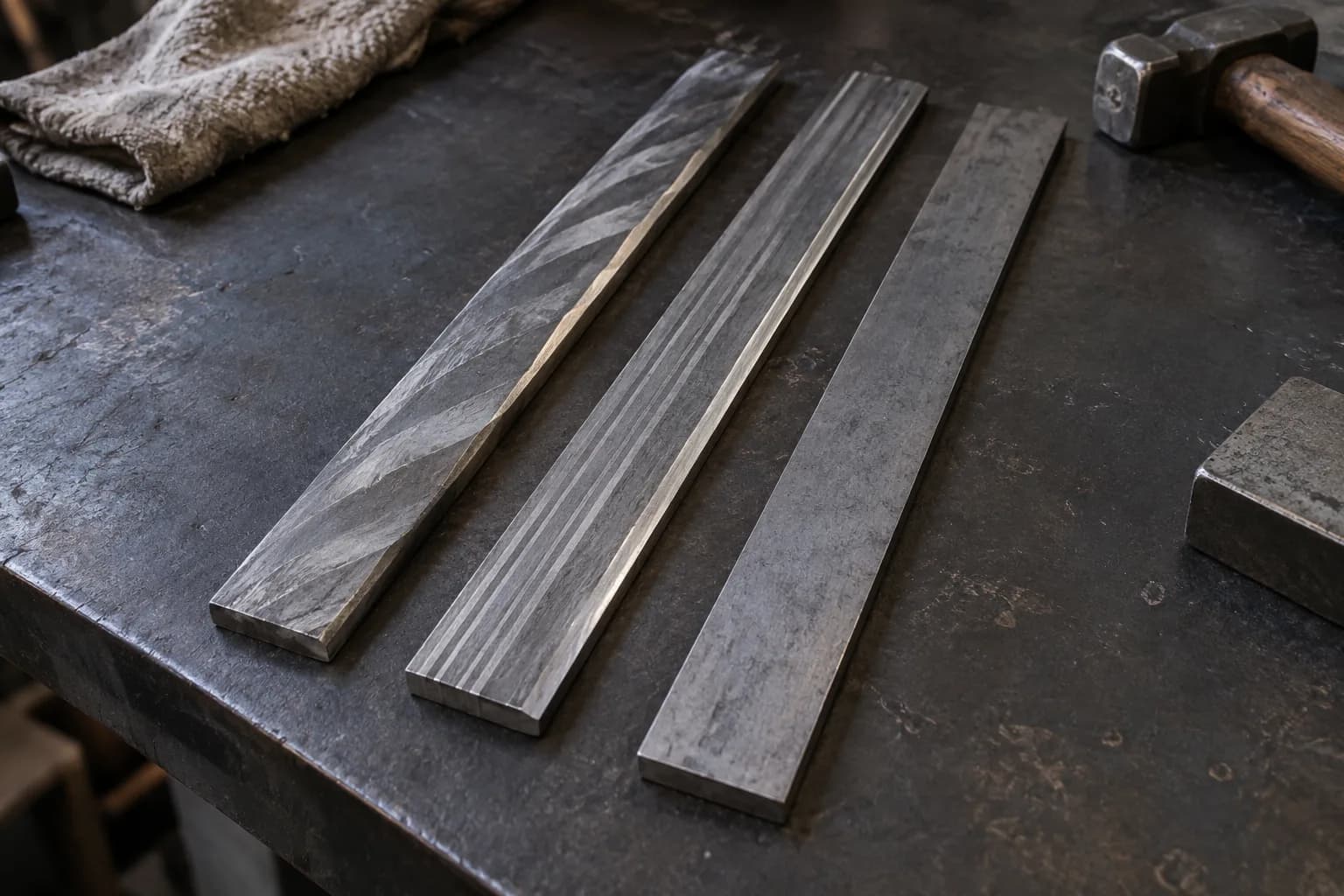 Three flat steel bars side by side on a dark bench: a twist-pattern bar, a laminated striped bar and a plain bar.
