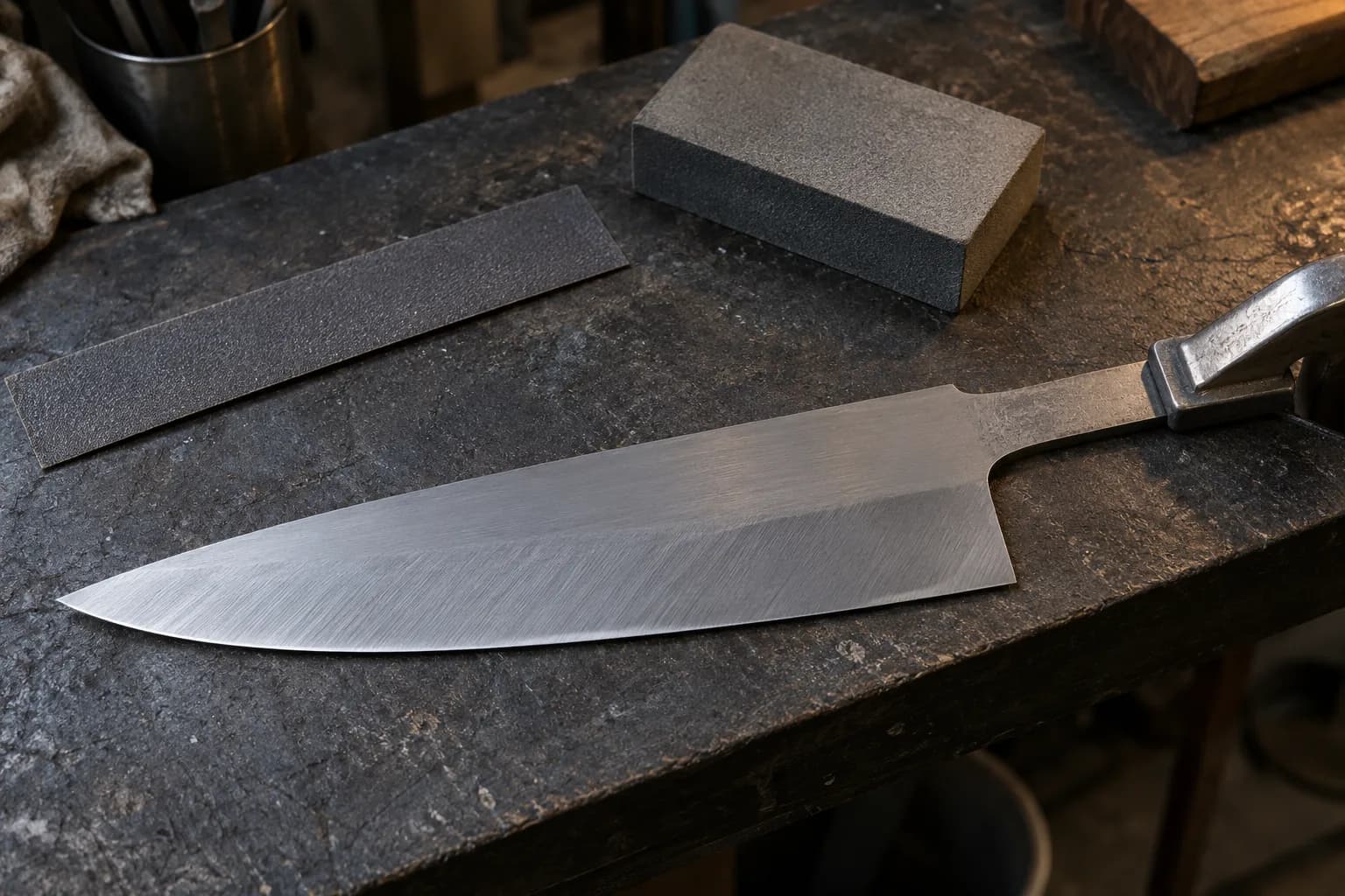 Scratch-finished AEB-L chef's knife blank clamped by its tang on a dark bench beside a sanding block and abrasive strip.