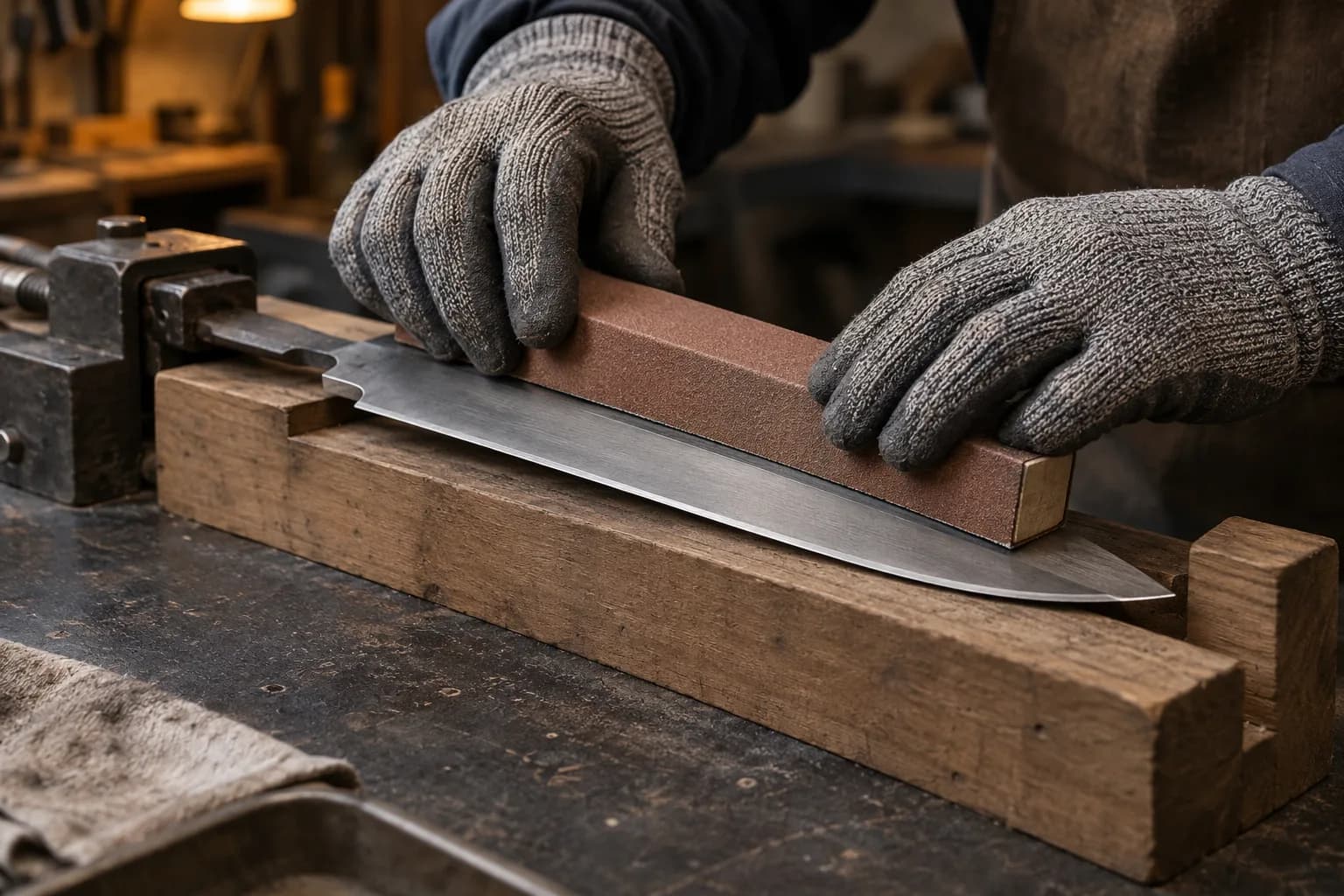 Gloved hands slide a sanding block lengthwise along a knife bevel on a wooden support, tang held in a vise.