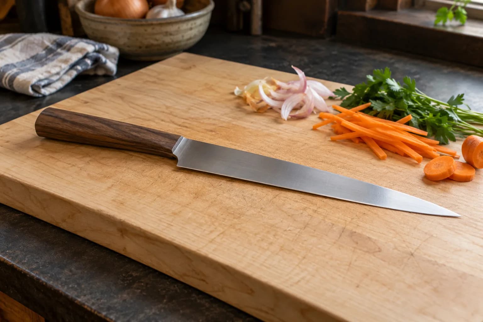 Slender kitchen slicer with a walnut handle on a maple board beside julienned carrot, shallot slices and parsley.