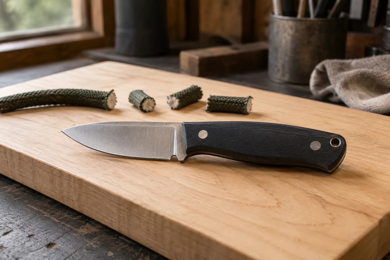 Drop-point utility knife with a black handle on a maple board, with short cut lengths of green cord behind it.