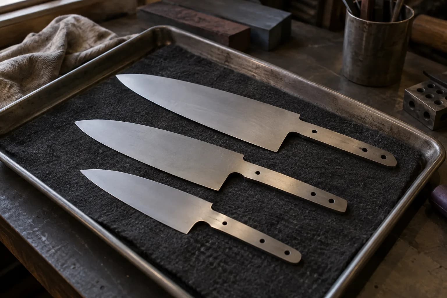 Three plain kitchen knife blanks with tang holes lie flat in a staggered row on a felt-lined steel tray.