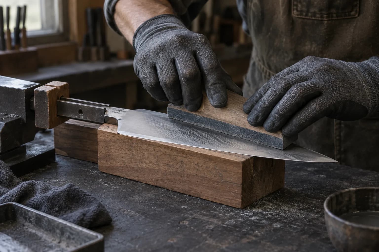 Gloved hands slide a wood-backed abrasive block along the bevel of a kitchen blade held in a vise on a hardwood support.