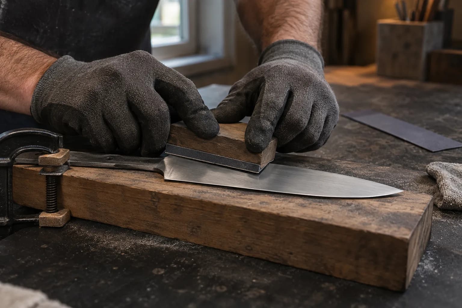 Gloved hands finish a knife bevel with a flat abrasive block while the tang is C-clamped to a plank; a spare strip lies behind.