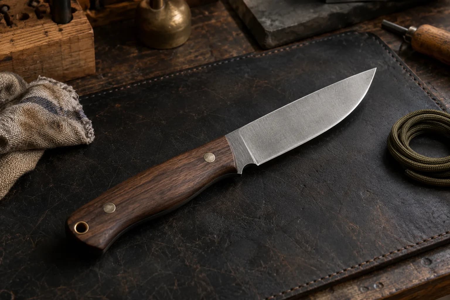 Finished drop-point knife with a walnut handle and brass pins on a dark leather pad beside a coiled olive cord.