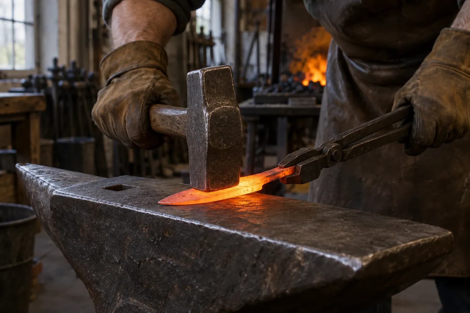 Gloved hands hammer a glowing orange blade on an anvil while tongs hold its tang, with a forge fire behind.