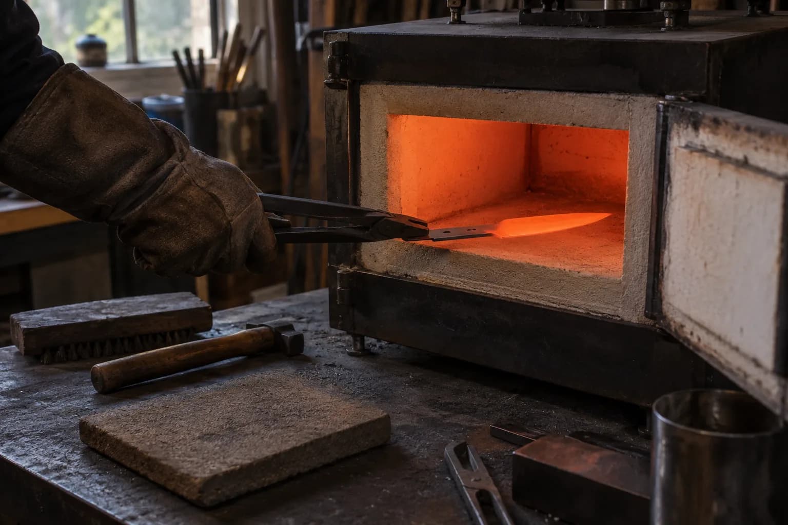 Gloved hand uses tongs to place a glowing orange-red knife blank inside an open box kiln, with tools on the bench.