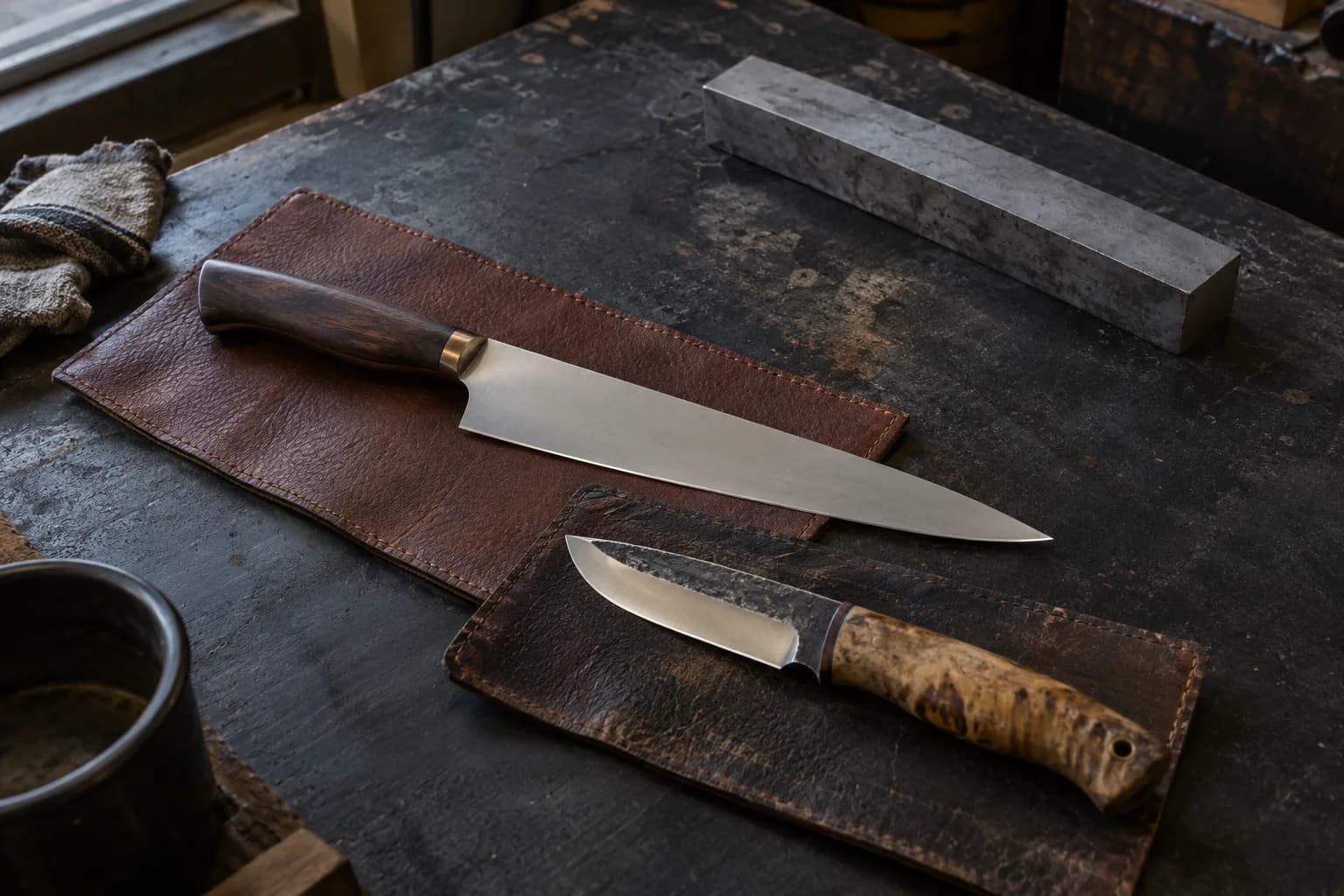Thin kitchen knife and a forged hunting knife on leather pads beside a plain steel bar on a dark workbench.