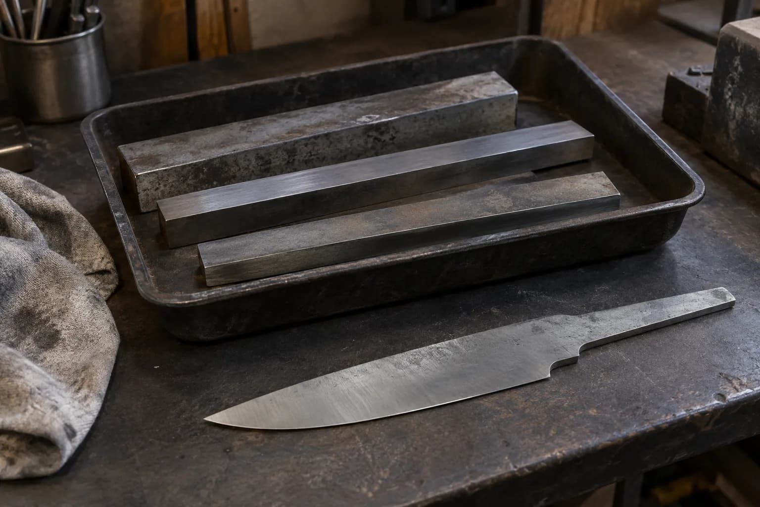 Three rectangular knife-steel bars in a worn tray beside a rough unhandled knife blank on a dark shop bench.