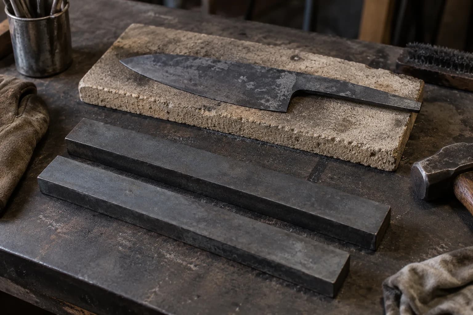 Two plain dark steel bars lie on a charcoal bench in front of a rough forged kitchen knife blank resting on a firebrick.