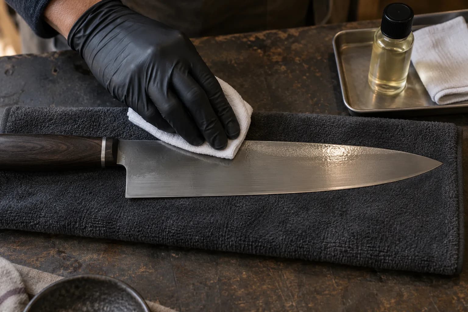 A black-gloved hand wipes oil along the flat of a kitchen knife lying on a dark towel, with an oil bottle on a tray nearby.