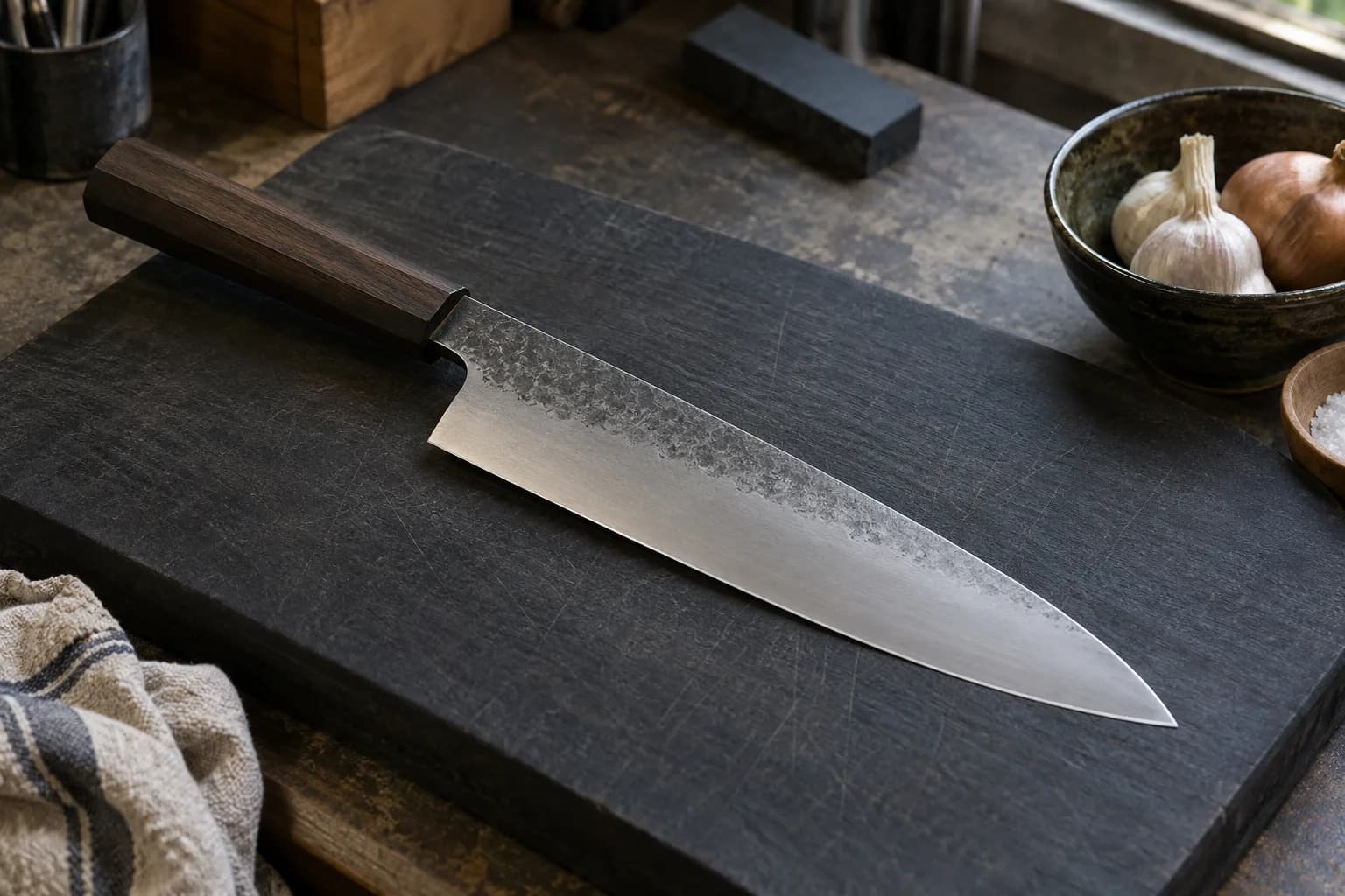 Forged gyuto with an octagonal wood handle and a hammered upper flat lies diagonally on a dark board beside a bowl of garlic.