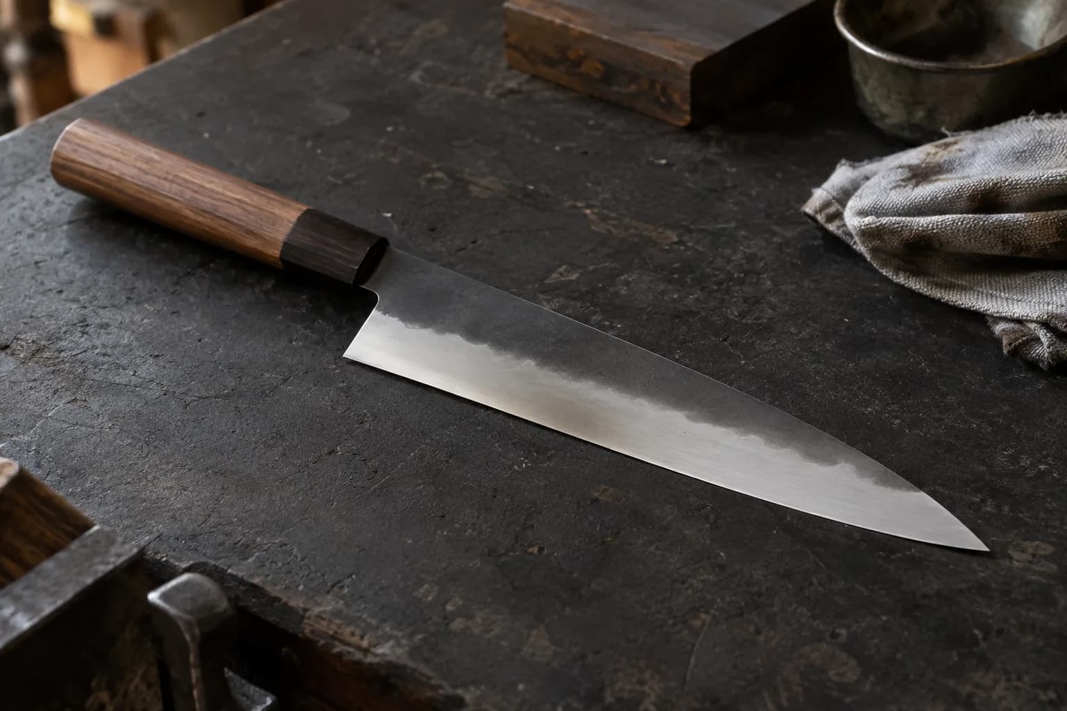 Kitchen knife with a wood wa handle and a soft wavy hamon between its dark spine and bright edge lies on a charcoal bench.
