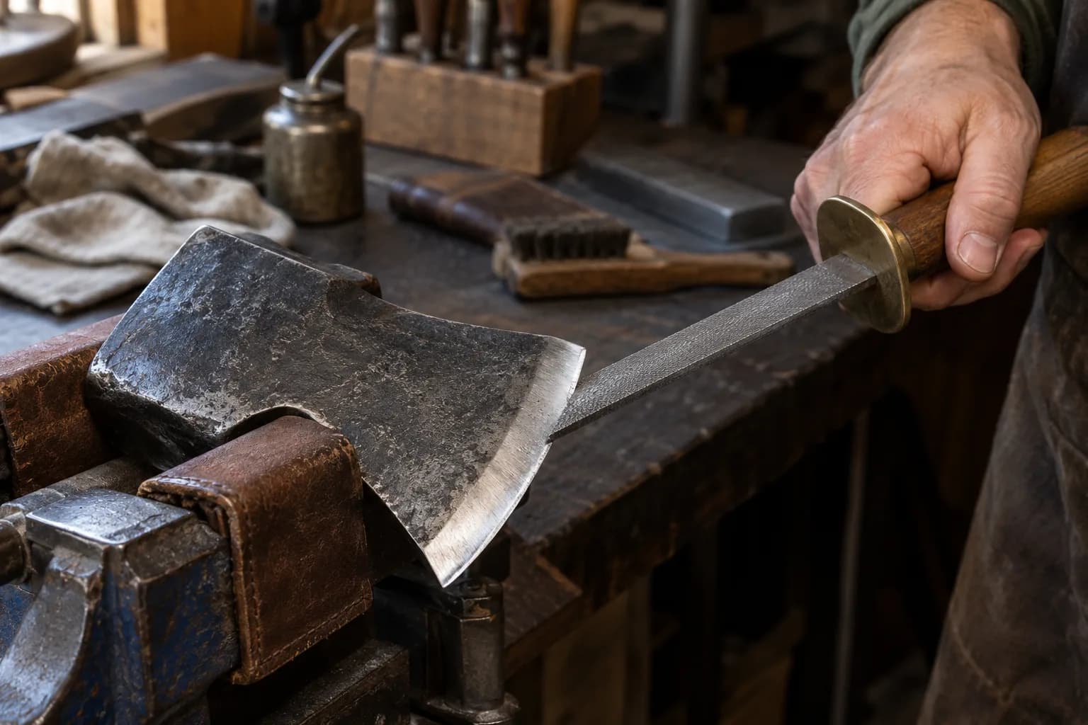 Hand pushes a handled file with a brass guard along the bevel of an axe bit held in leather-padded vise jaws.