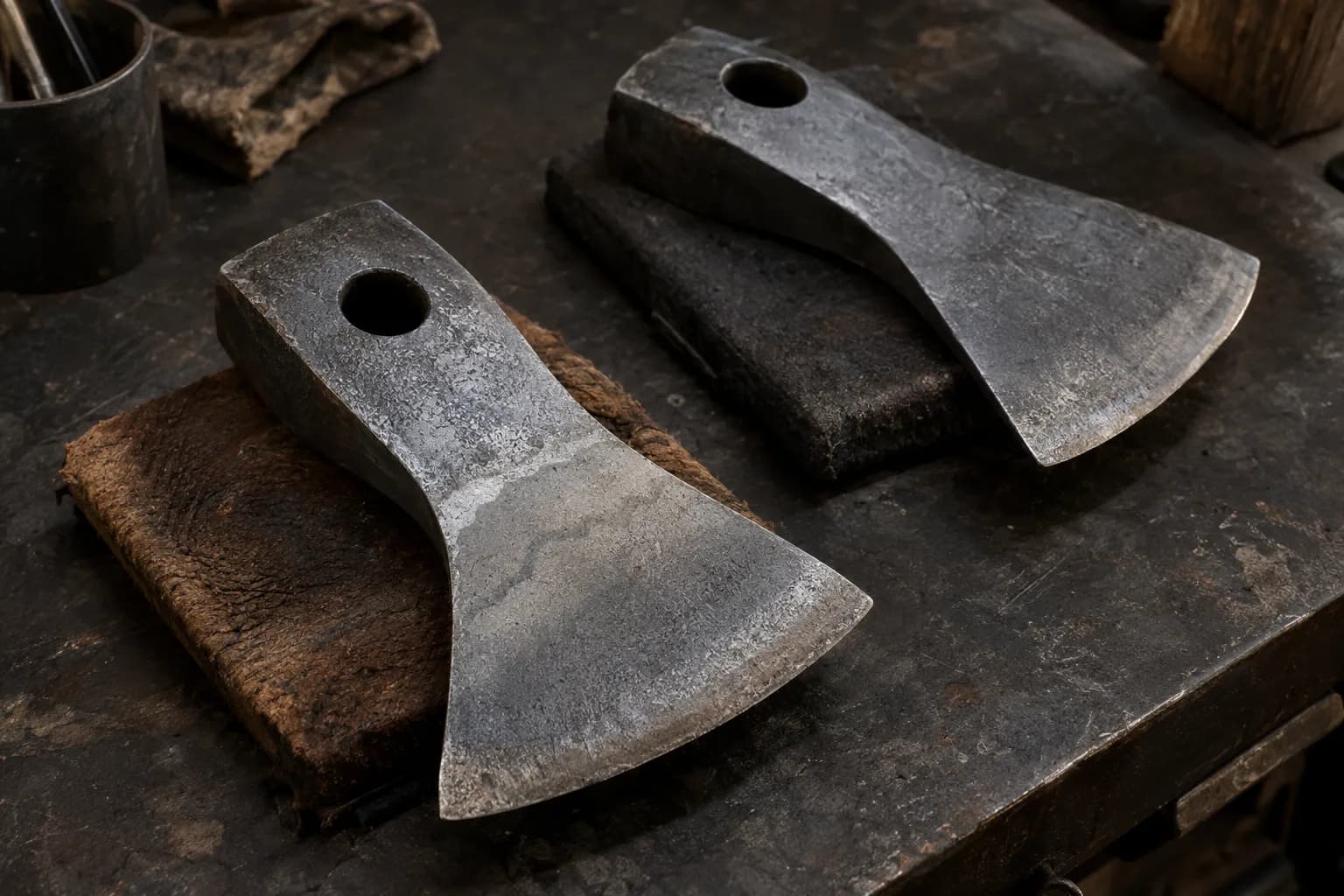 Two cold axe heads on padded rests; the nearer shows a faint wavy weld boundary behind its bit, the other a plain face.