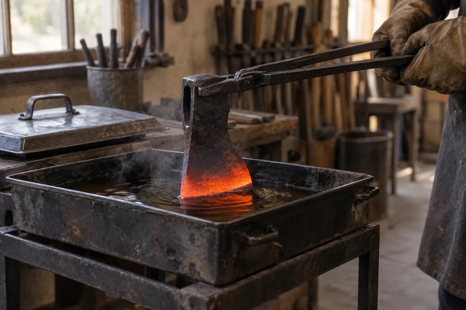 Gloved hands lower an axe head into an oil tray with long tongs, the bit glowing orange-red while the eye and poll stay dark.