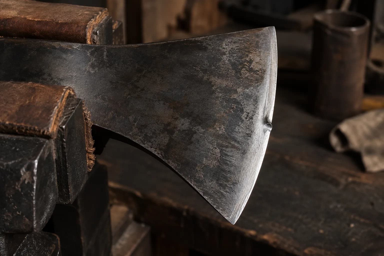 Axe bit held in leather-padded vise jaws, with one small rolled dent bent into the cutting edge under raking light