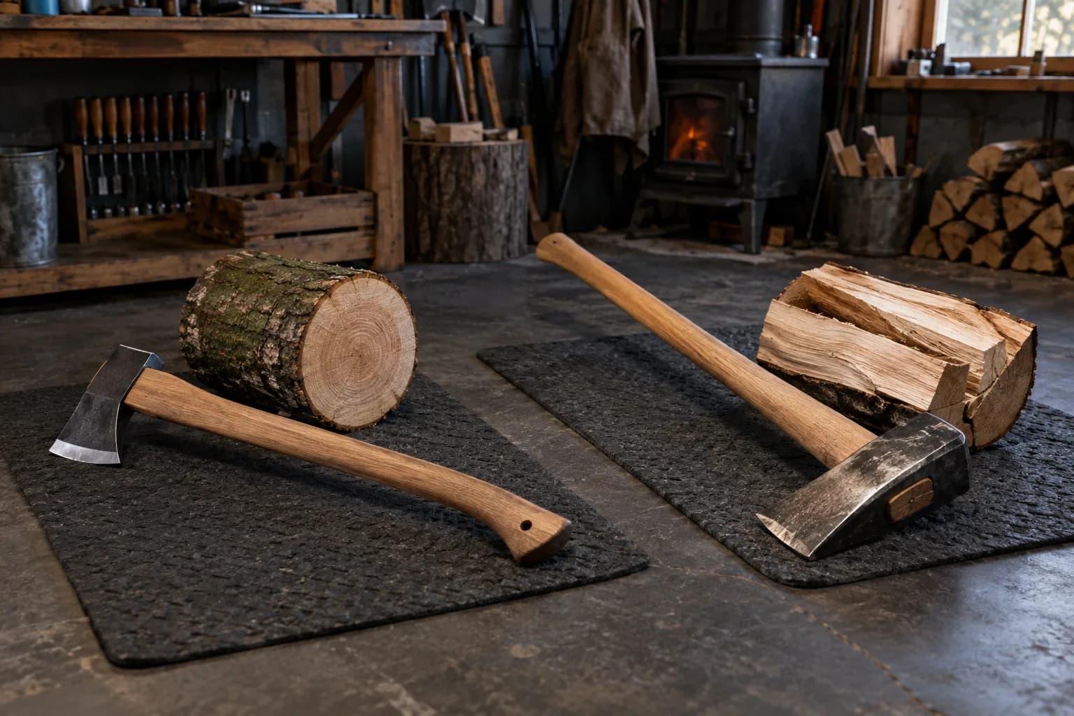 Felling axe beside a green log round and a splitting maul beside split firewood, each lying on a dark pad in a shop.