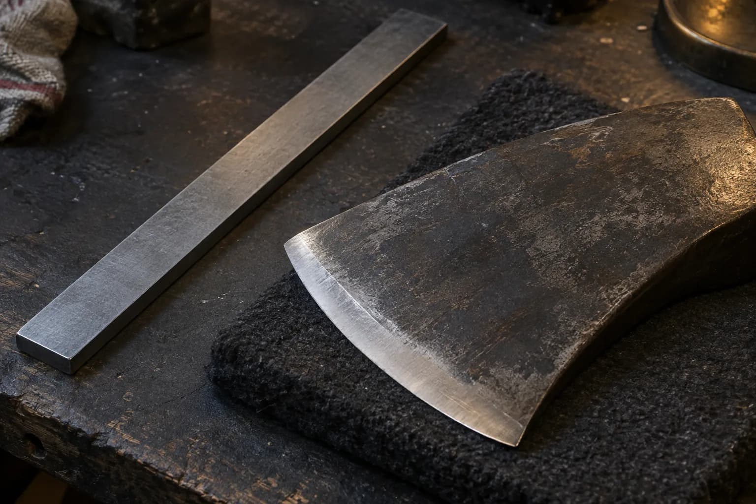 Worn axe head cheek lying on a dark pad beside a plain steel straightedge on a scarred workbench.