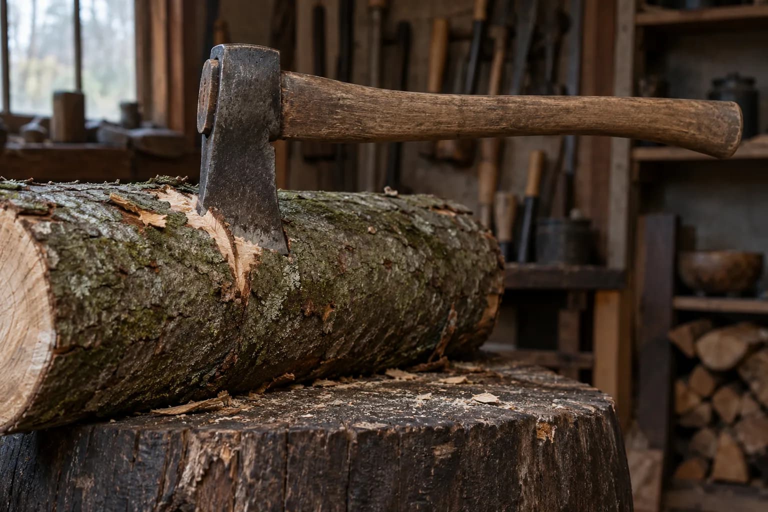 Thin-bladed axe lodged in a notch cut into a bark-covered green log lying on a dark chopping stump in a small shop