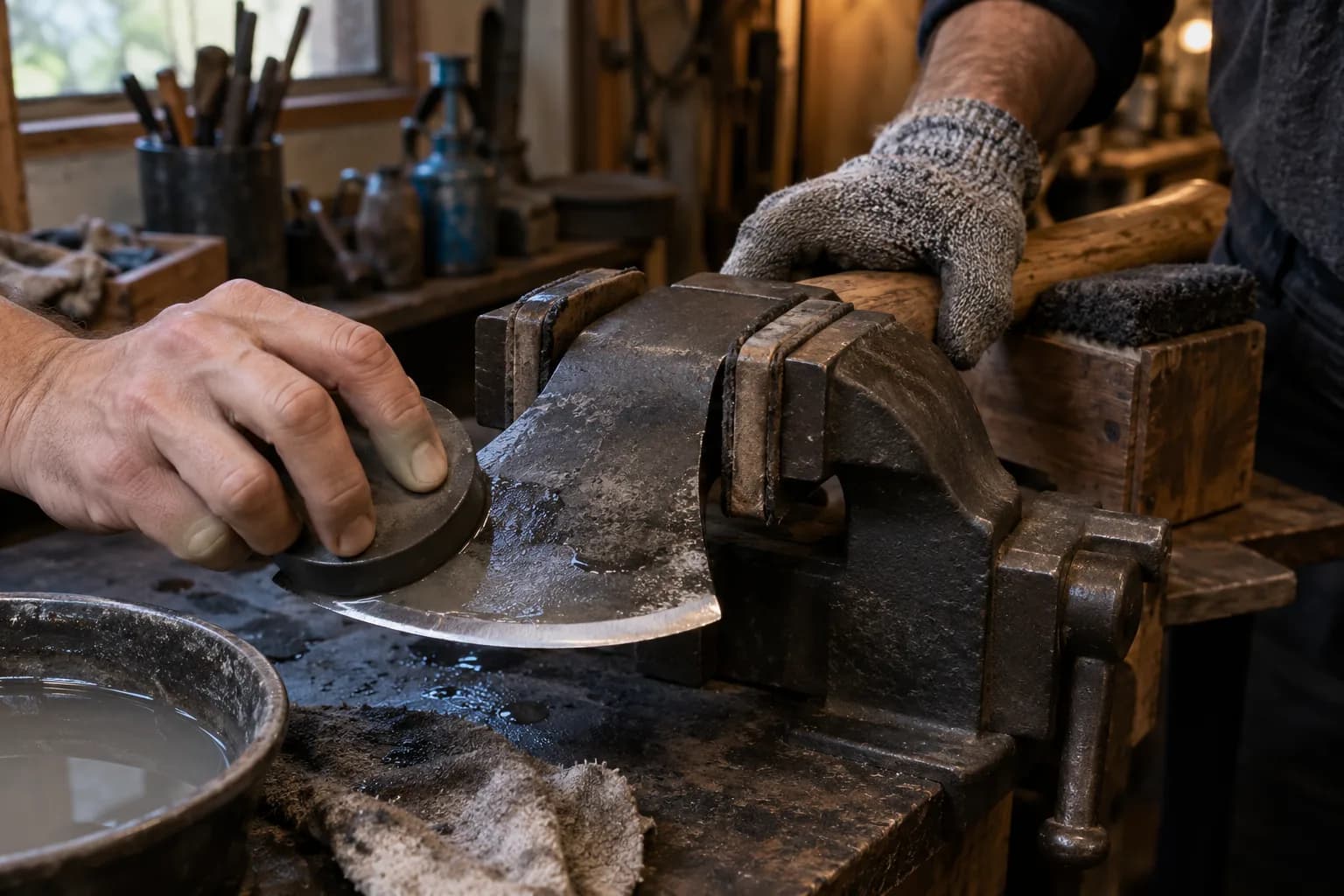Gloved hand steadies the haft as a bare hand hones a curved axe bit with a round puck stone, the head clamped in a vise.