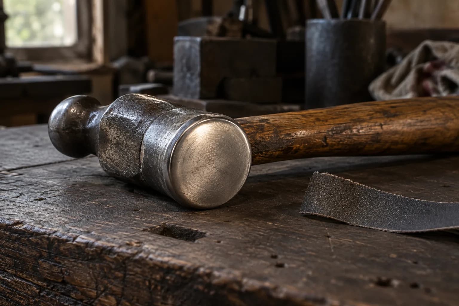 Dressed ball-peen hammer face with softened rim and old wood handle on a worn bench beside a loose abrasive strip.