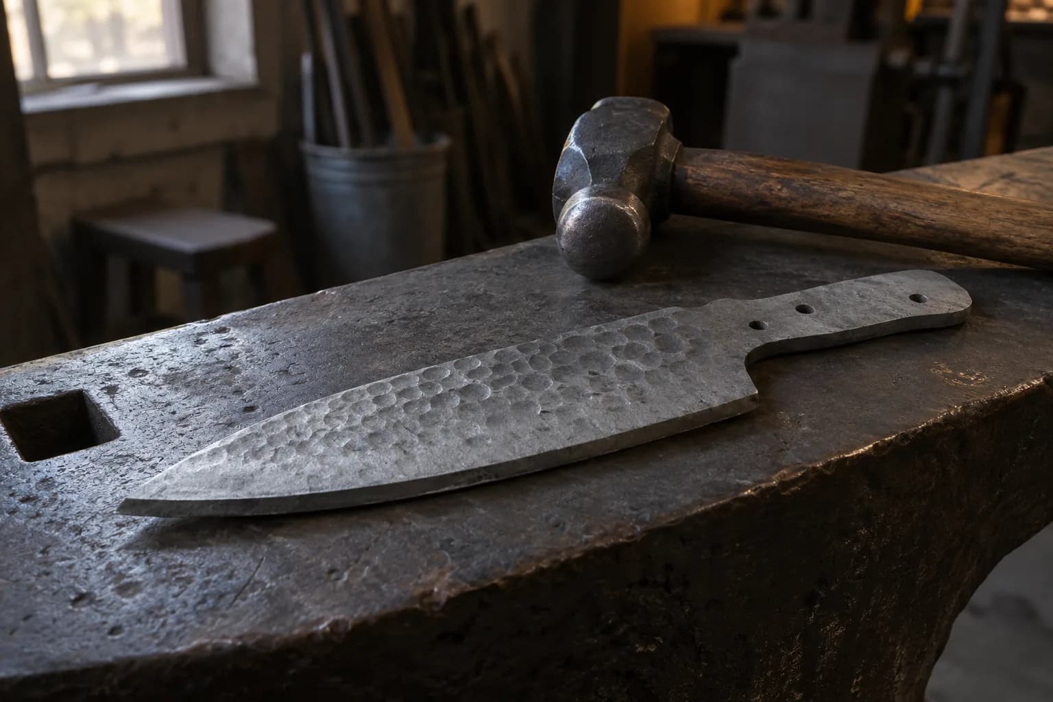 Unfinished knife blank with overlapping peen dimples on its flat, lying on an anvil beside a ball-peen hammer.