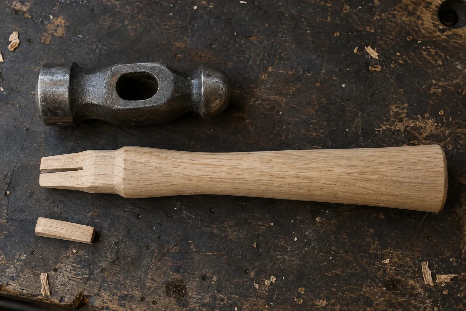 Ball-peen hammer head with open eye beside a kerfed, unvarnished wood handle and a loose wedge on a dark bench.