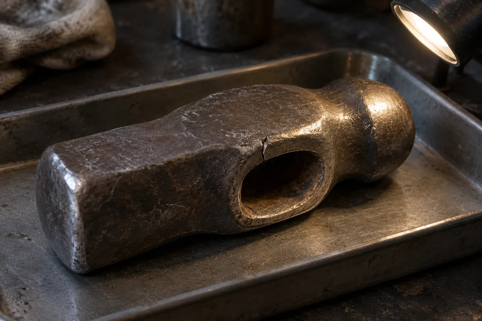 Detached ball-peen hammer head with a fine crack running from its eye, lying in a steel tray under a small lamp.