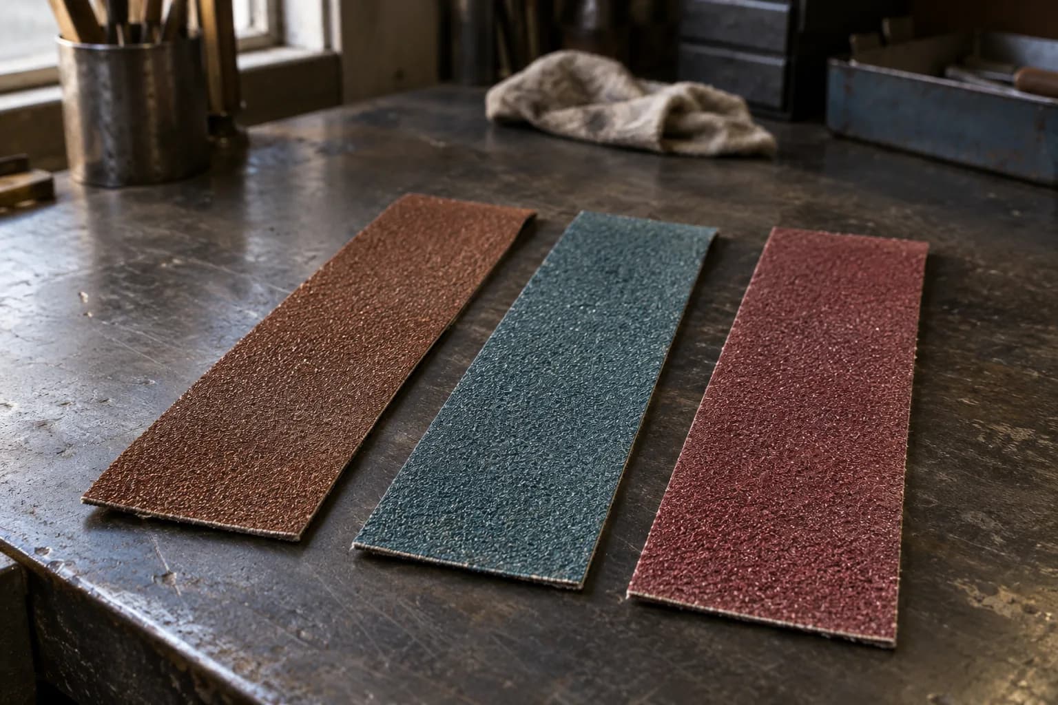Three cut abrasive belt strips in brown, blue-green and maroon lying side by side on a dark steel workbench.
