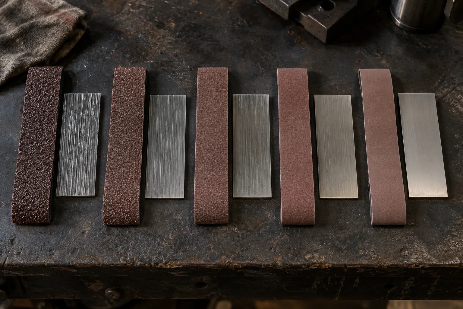 Five abrasive belt strips from coarse to fine, each beside a steel coupon with a progressively finer scratch pattern.