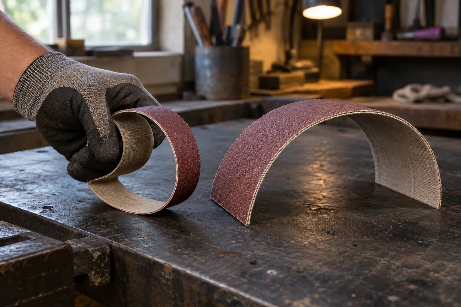 Gloved hand curling a flexible abrasive belt strip beside a stiffer heavy-backed strip standing in a broad arch.