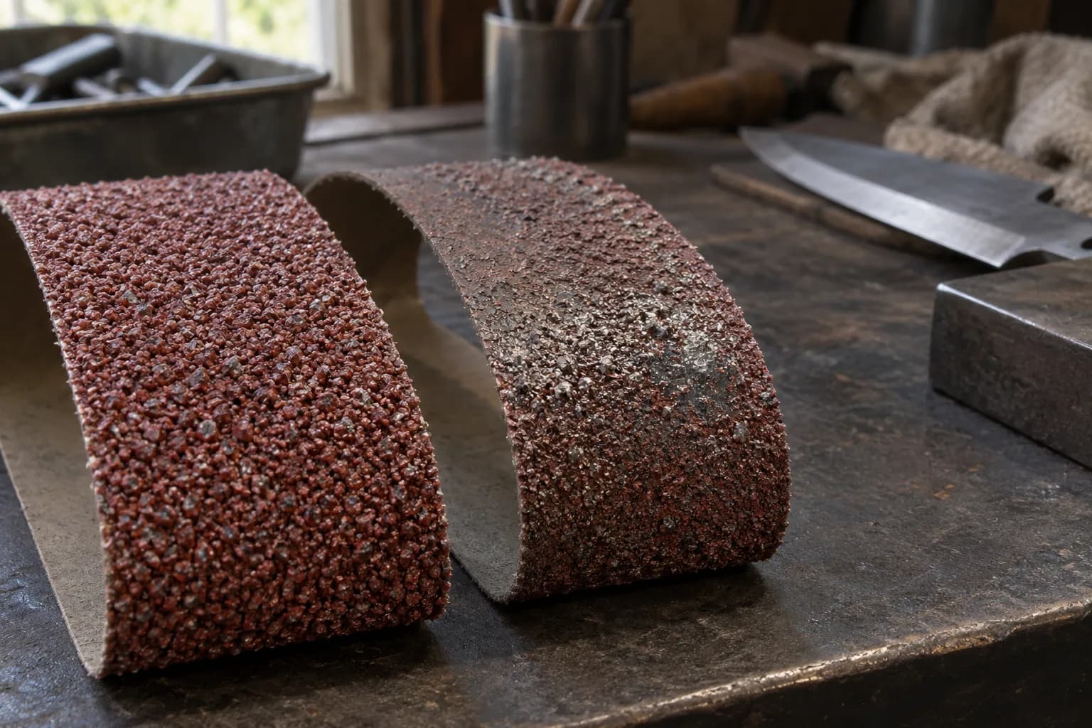 Fresh coarse abrasive belt beside a worn one showing silver metal loading and a dull glazed patch on a dark bench.