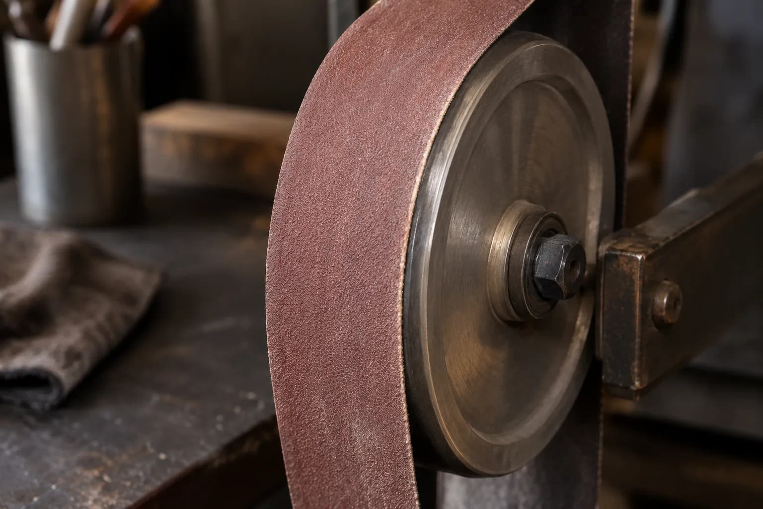 Stopped red-brown abrasive belt sitting flush against the outer edge of a plain steel grinder wheel on its shaft.