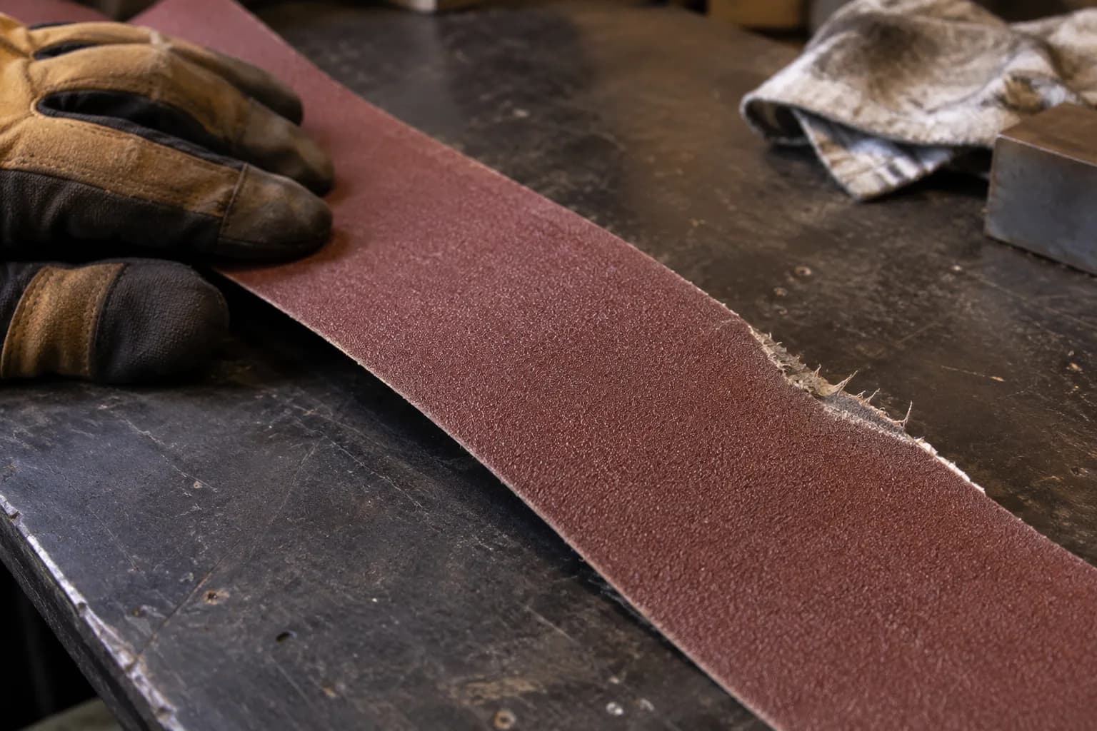 Gloved hand holding a removed abrasive belt flat on a dark bench, with a frayed, uneven edge on its right side.