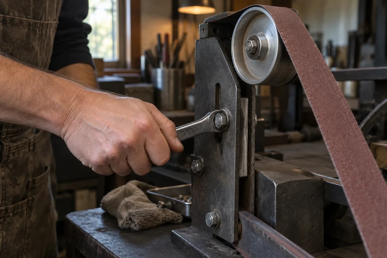 Bare hand turning a wrench on a bolt in a slotted steel idler-wheel bracket, with the belt resting on the wheel.