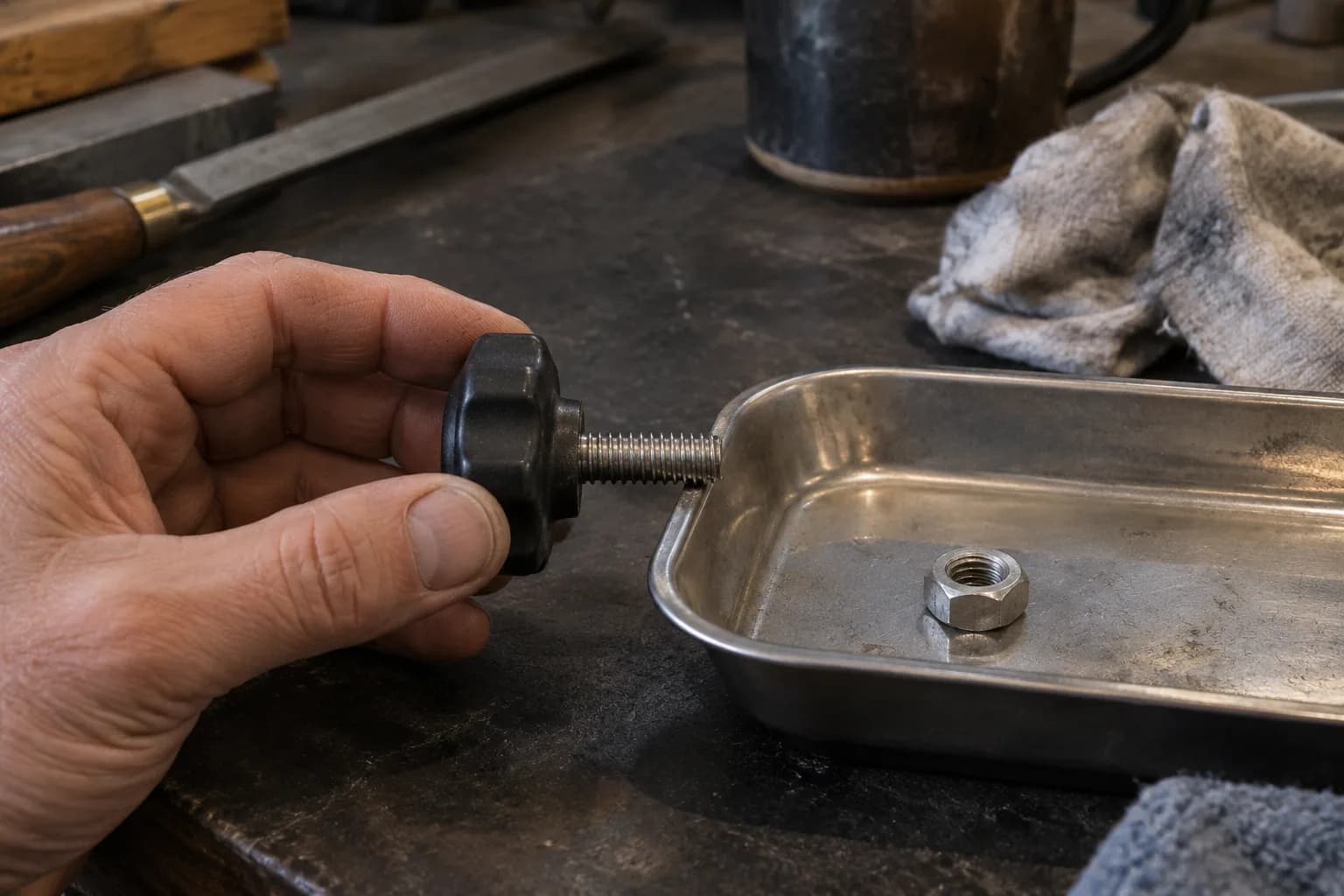 Bare hand holds a black lobed tension knob with a clean threaded steel shaft over a metal parts tray holding a hex nut.