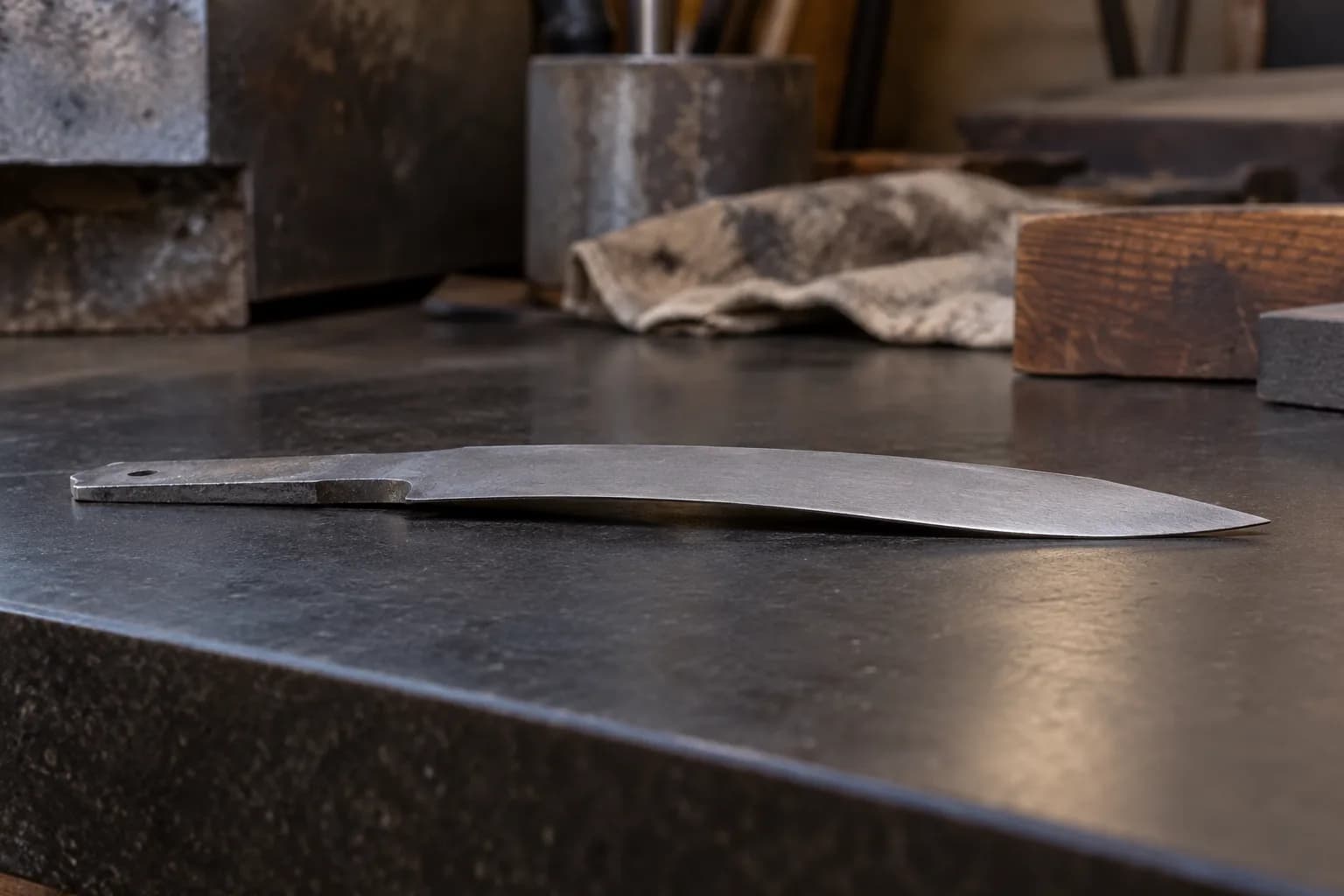 Cold gray knife blank lying on a dark flat plate, bowed lengthwise with a small gap under the middle and tip and tang touching.