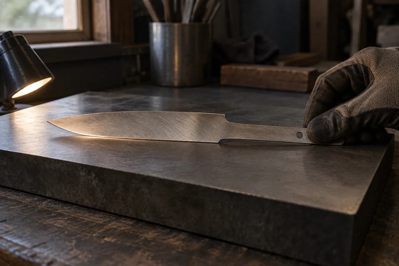 Gloved hand steadies the tang of a bare knife blank lying flat on a steel plate, lit by a small shop lamp.