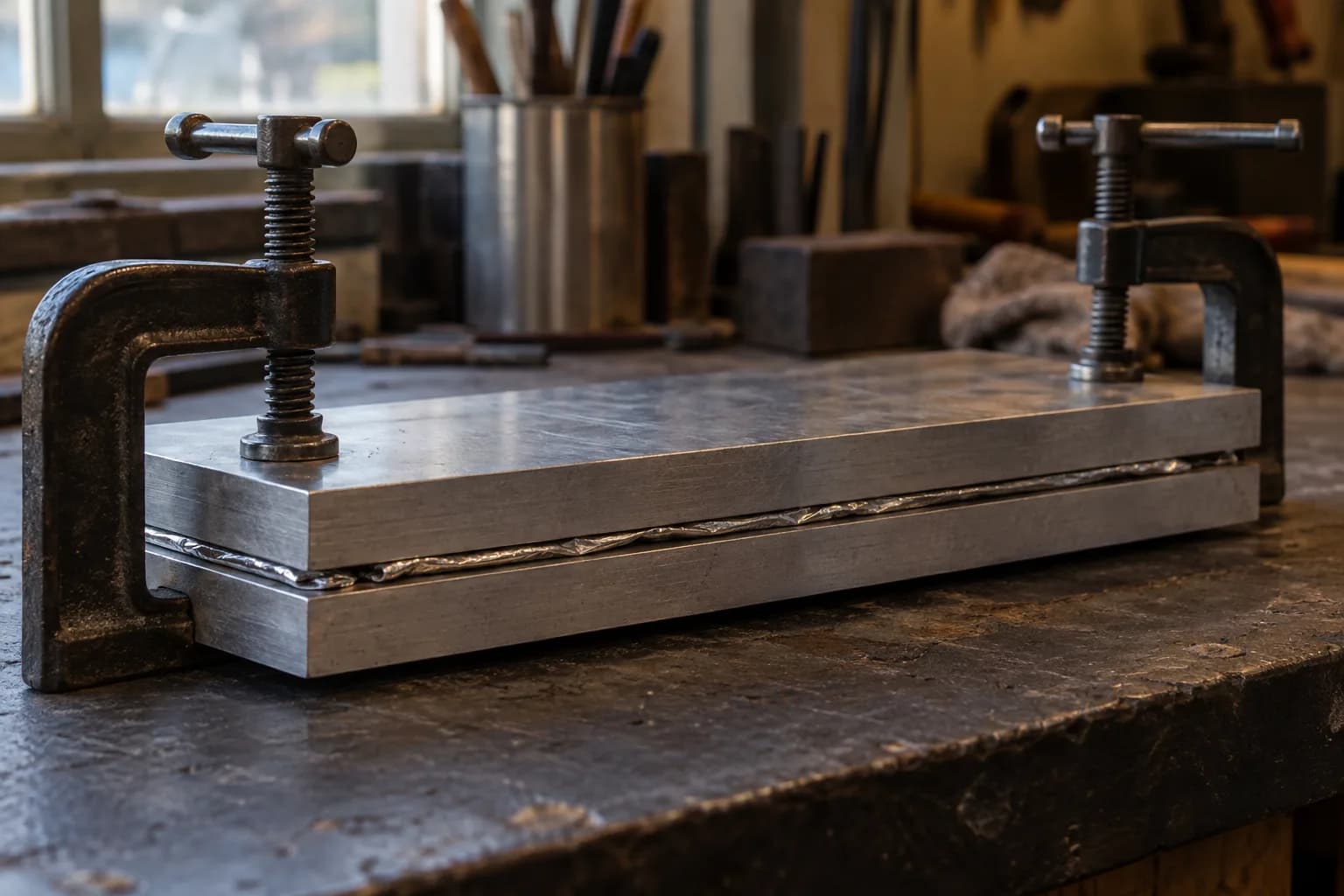 Two flat aluminum plates clamped together with iron C-clamps on a workbench, crinkled foil showing between them.