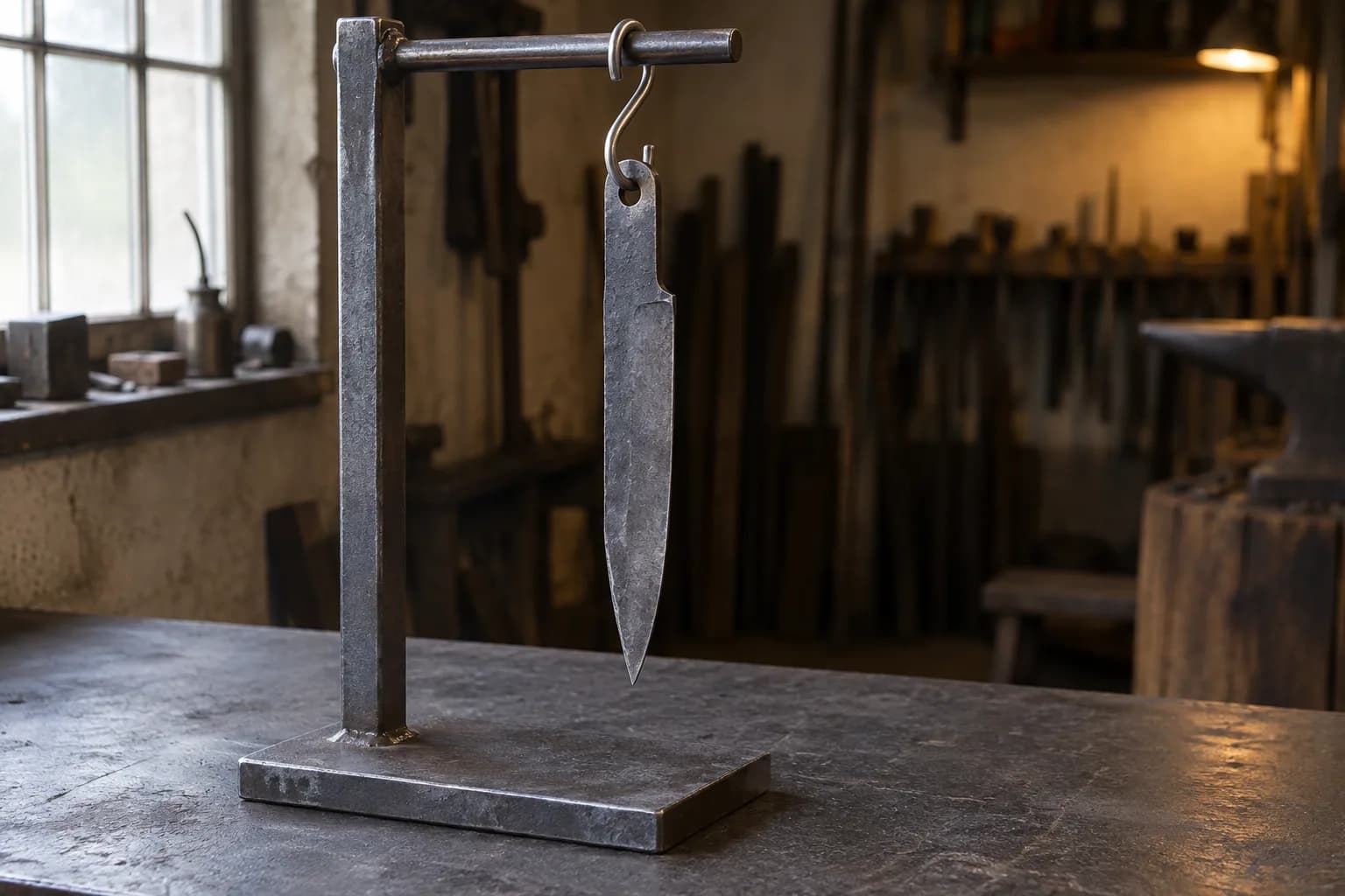 Straight rough-forged knife blank hangs point-down from an S-hook on a steel crossbar stand in a dim shop.