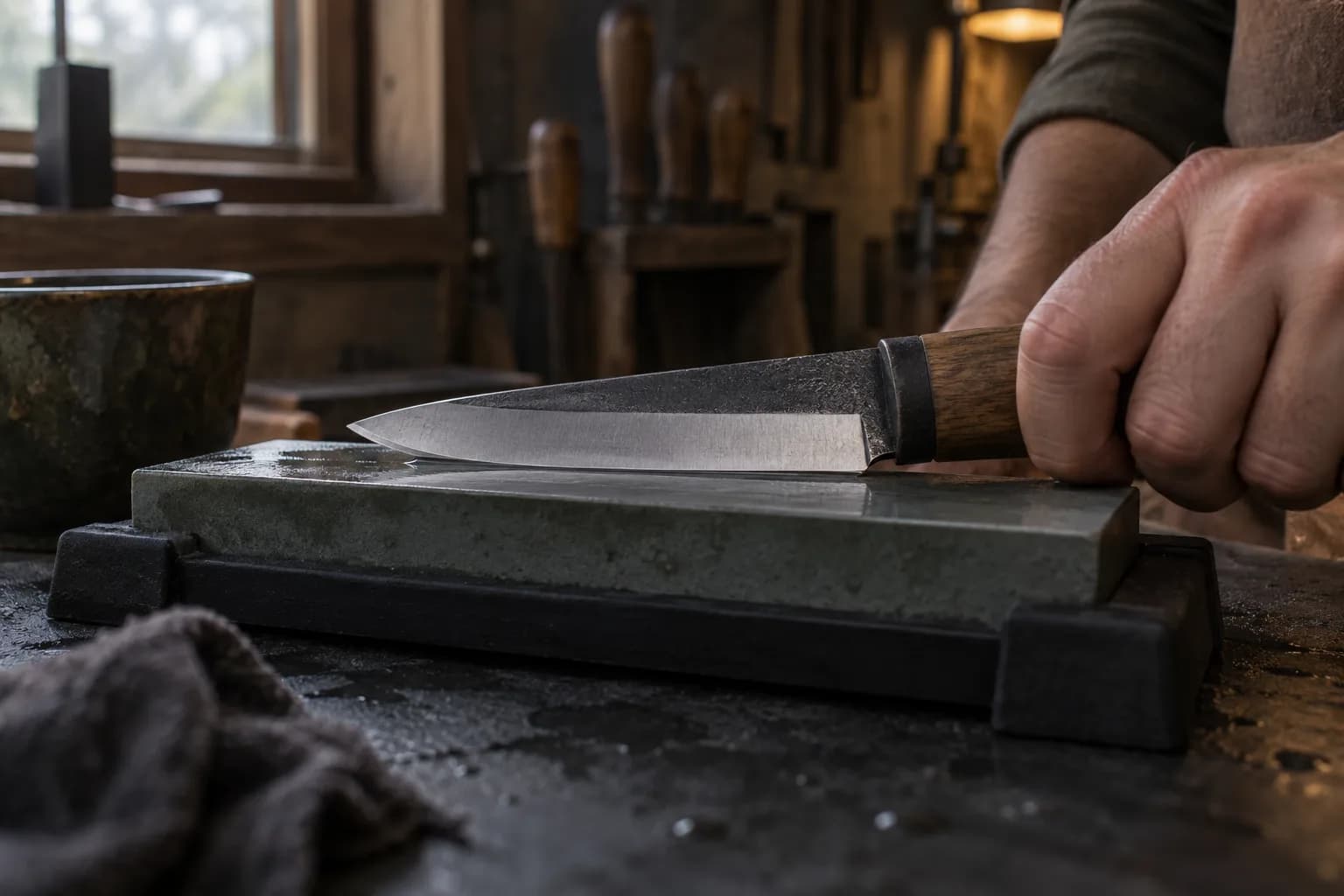 Hand holds a wood-handled knife with its bevel flat on a wet bench stone in a black holder in a dim shop