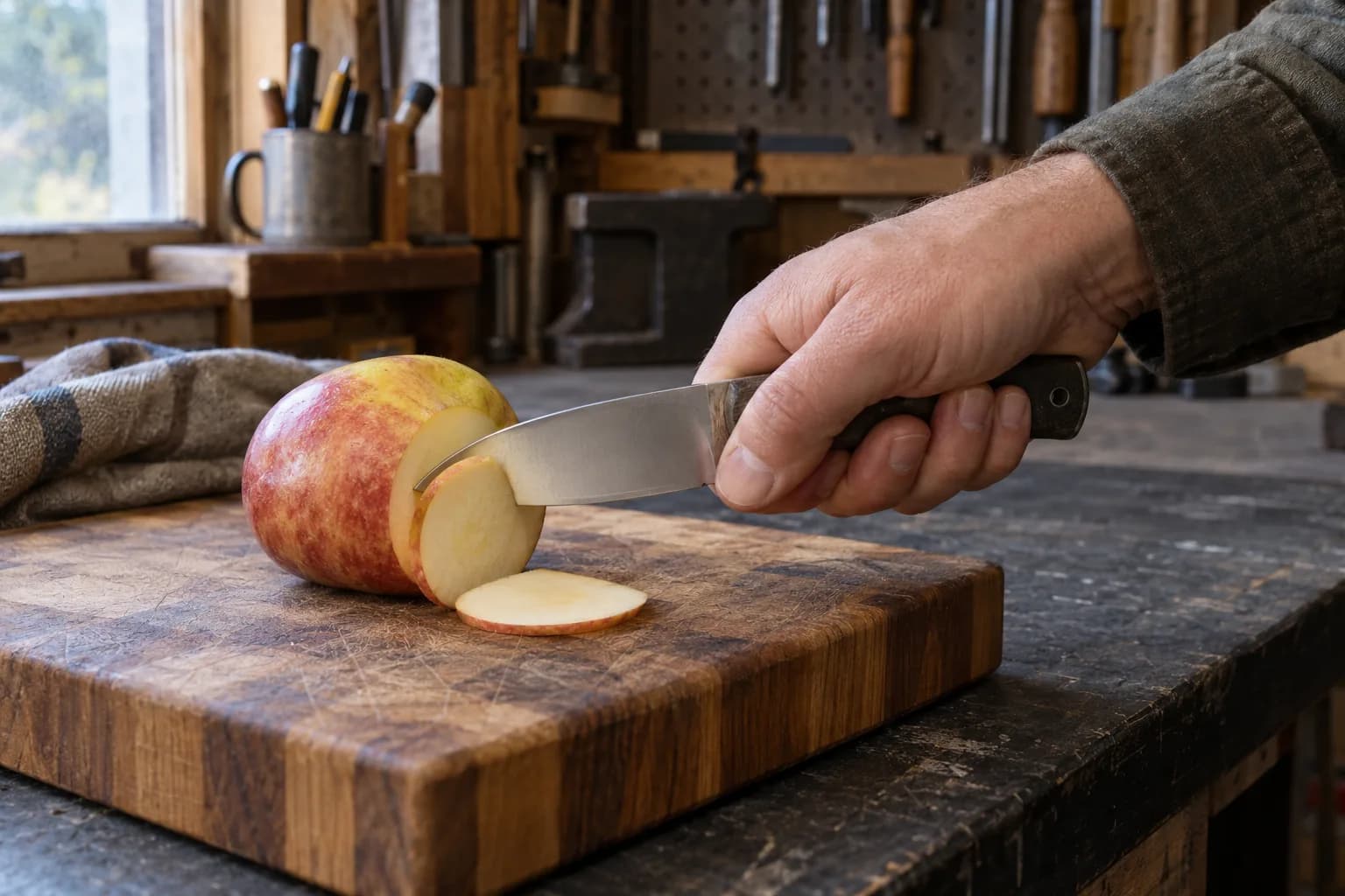 Hand slicing an apple on an end-grain wood board with a compact full-flat knife, shop tools blurred behind