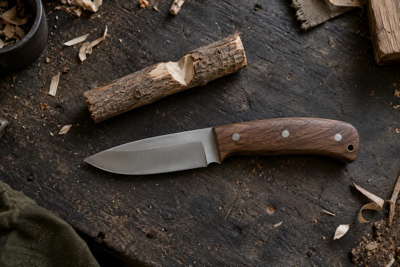 Drop-point bushcraft knife with a walnut three-pin handle lying beside a bark stick with a V notch on a dark bench