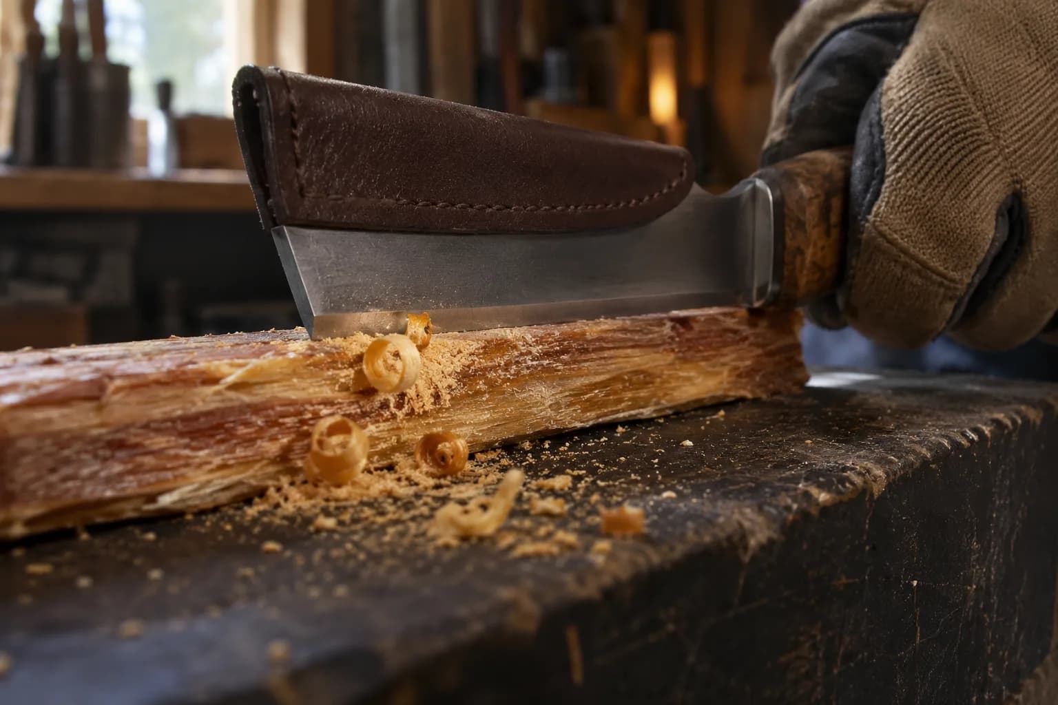 Gloved hand drags a leather-sleeved knife's square spine along a resinous wood stick on a dark bench, leaving small curls