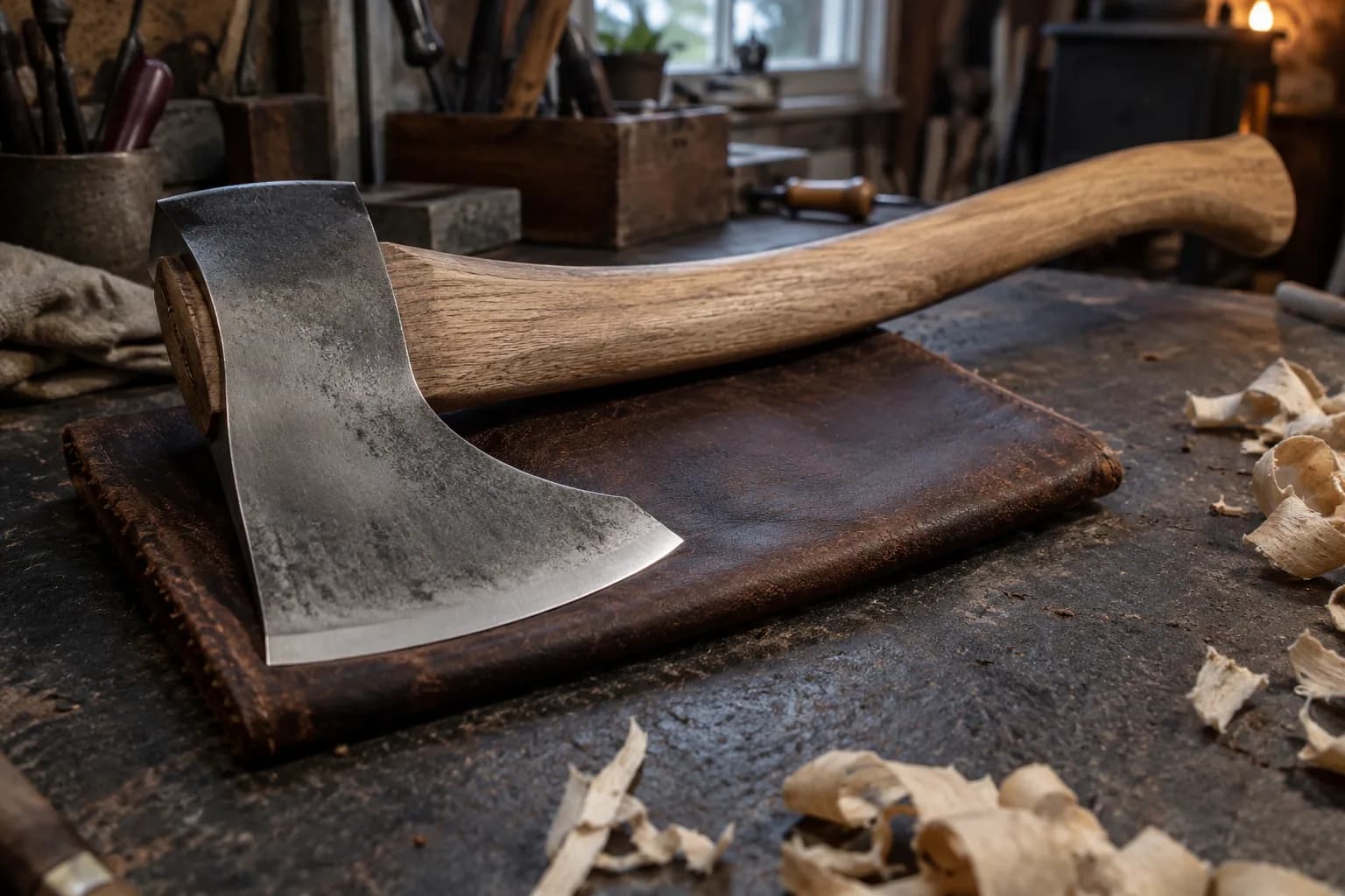 Bearded carving axe with a flat polished cheek and curved oak haft lying on a leather pad among wood shavings.