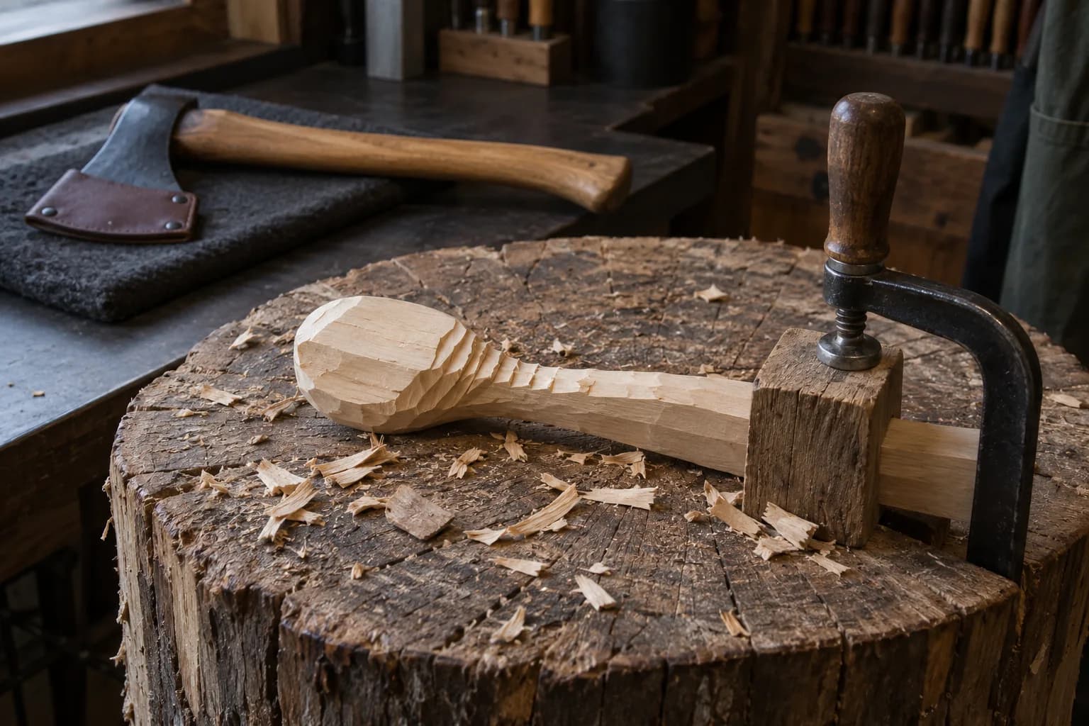 Roughed spoon blank clamped to a stump with stop cuts at the neck, a sheathed axe resting on a felt pad behind.